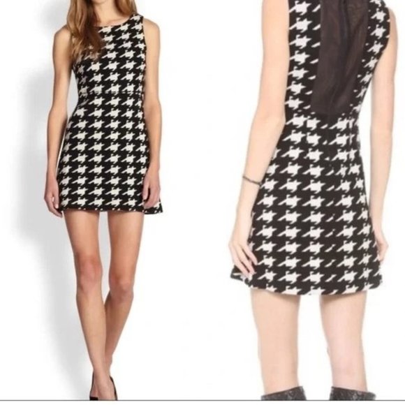 Alice & Olivia Everleigh Black/White Houndstooth Mini Dress w Sheer Back Size 12 - Picture 4 of 6